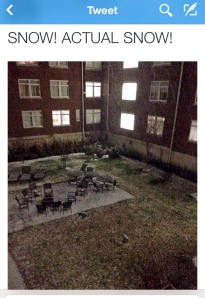 This is a screenshot of a shockingly not sarcastic tweet sent out by a classmate of mine from the South on the first night it "snowed" on campus. 
